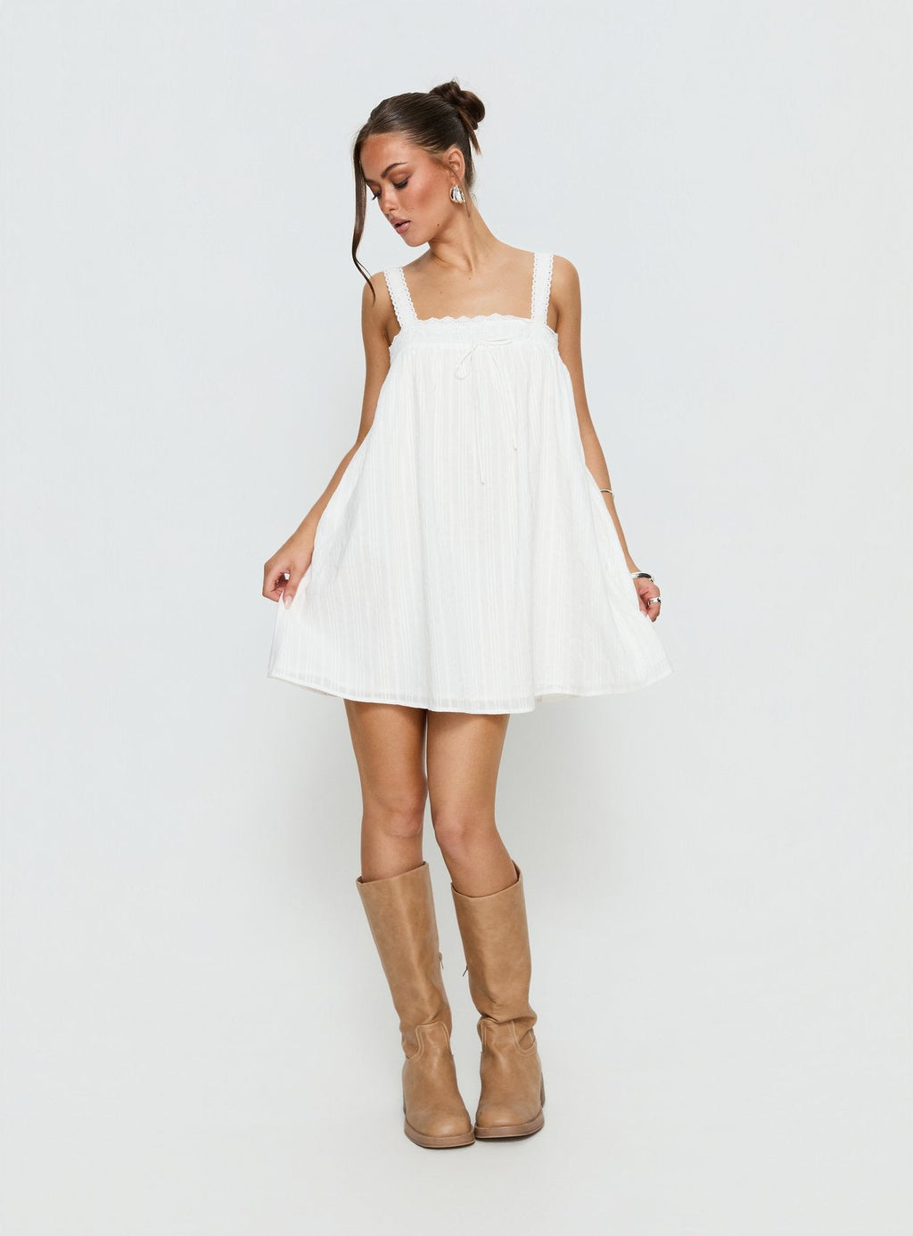 Reason To Stay Lace Trim Floaty Mini Dress White