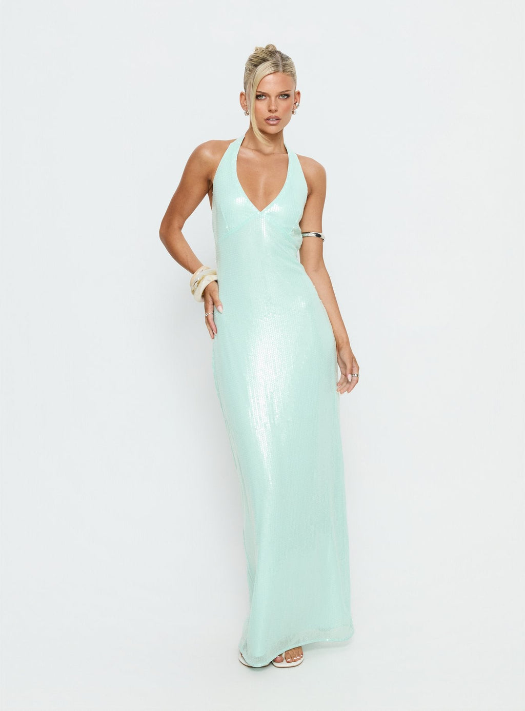 Isanna Halter Sequin Maxi Dress Jelly Mint