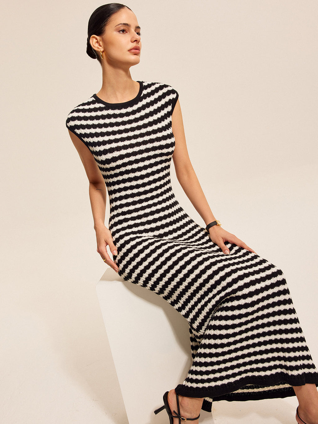 Striped Cap Sleeves Knit Dress