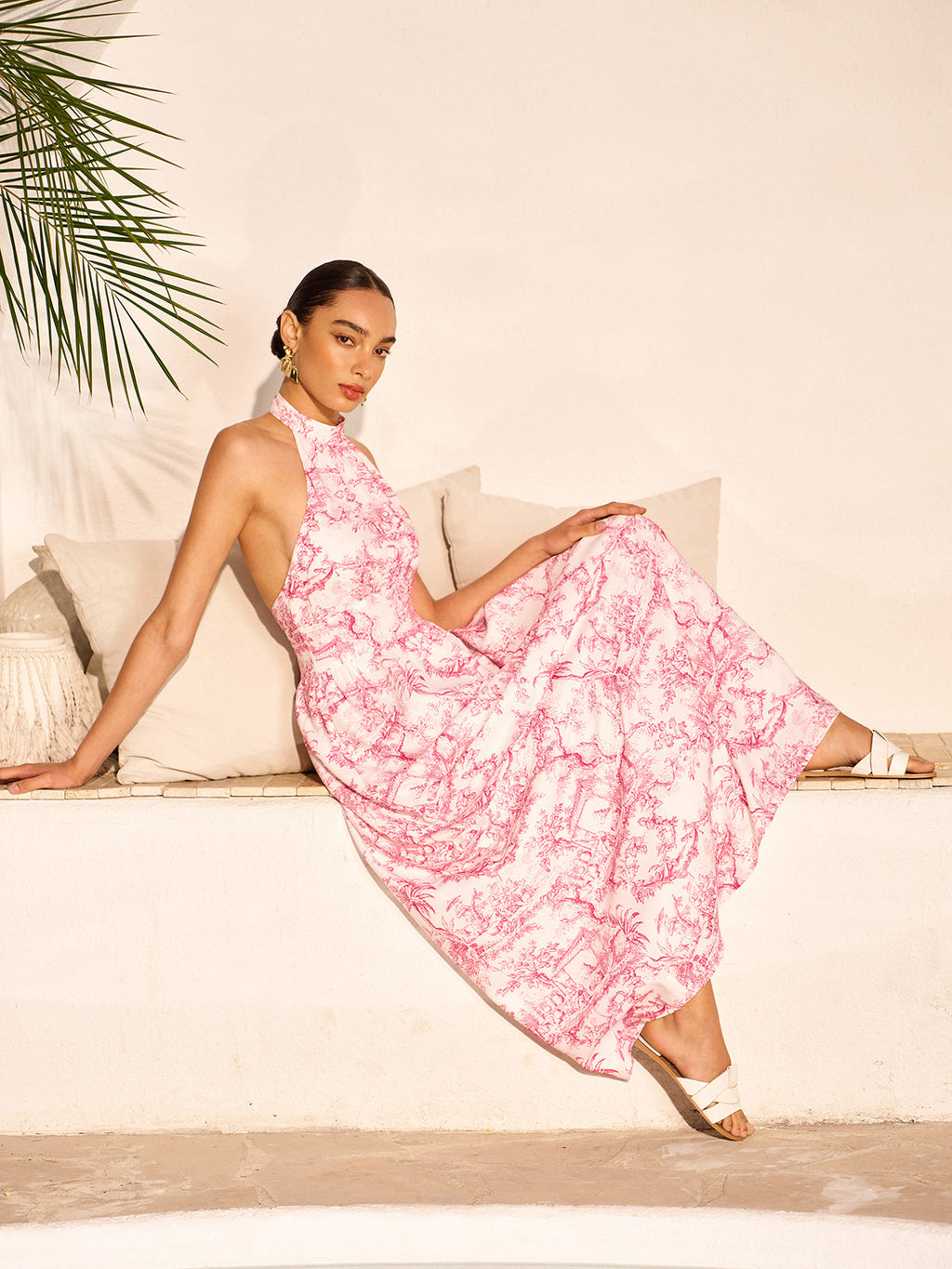 Halter Neck Printed Backless Dress With Pockets