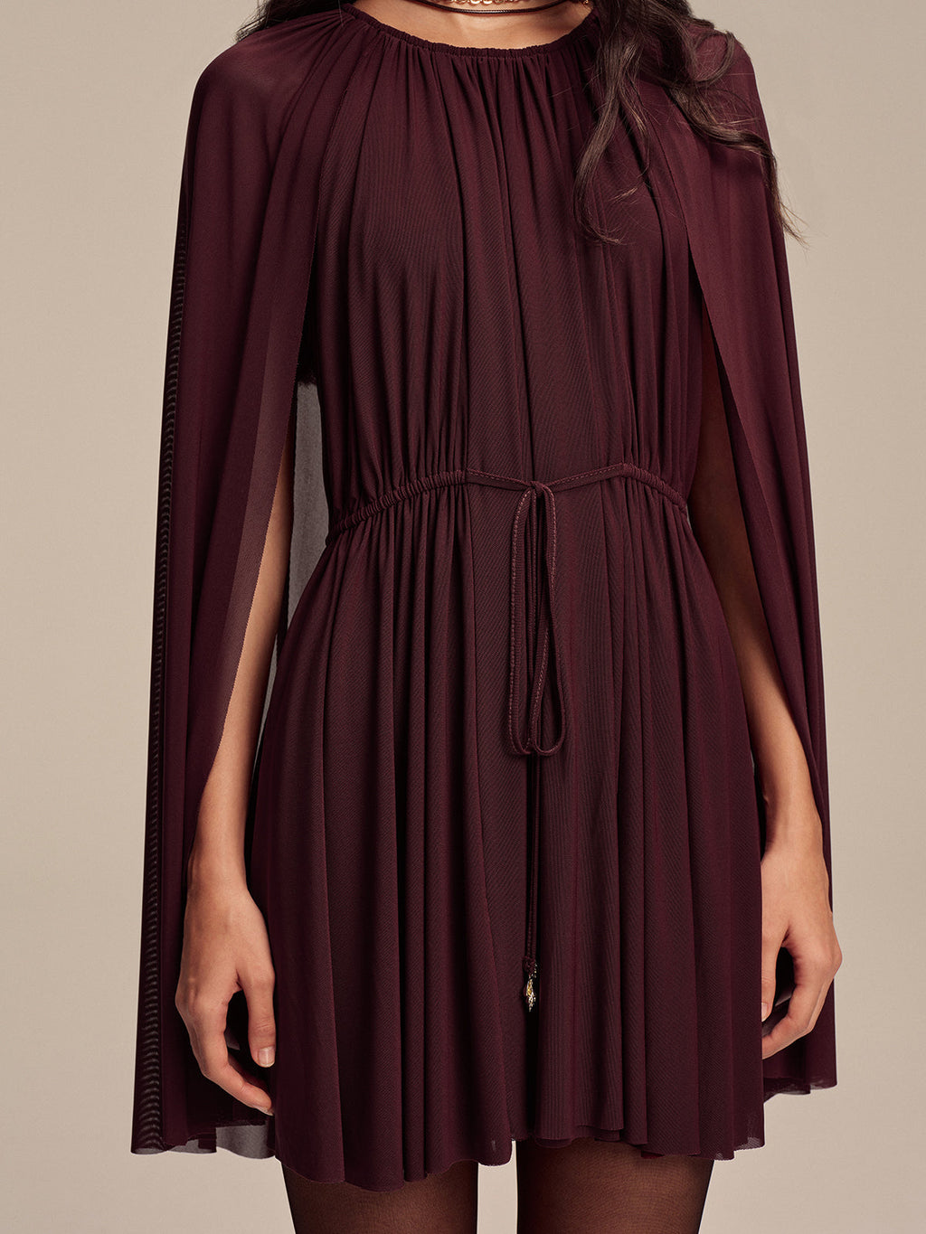 Mesh Cape Sleeve Tie-Waist Mini Dress