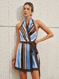 Halter Striped Satin Wrap Mini Dress