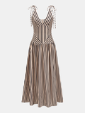 Striped Tie Shoulder V Neck Maxi Dress