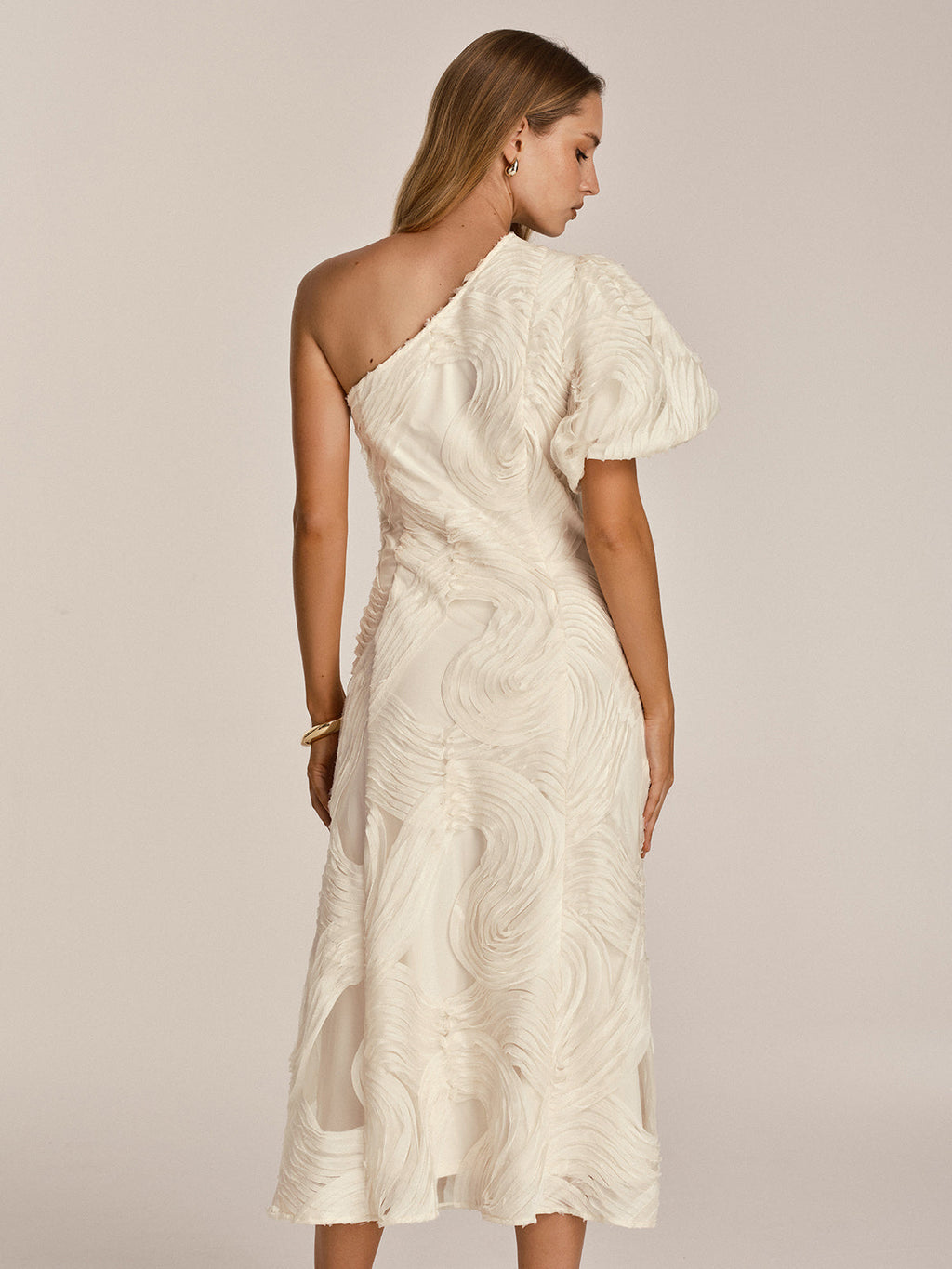 One Shoulder Textured Ruffled Mesh Midi Dress
