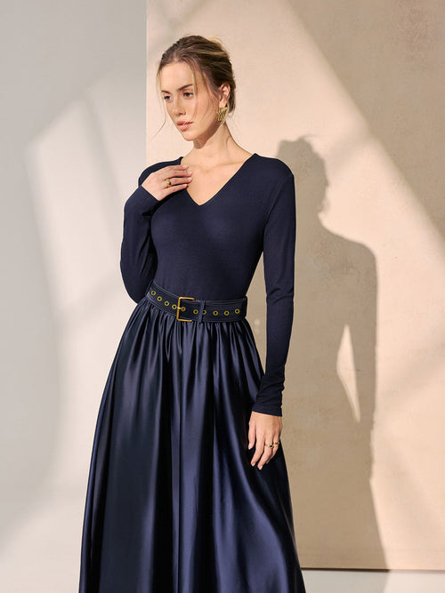 Belted Satin Panel V-Neck Long Sleeve Maxi Dress