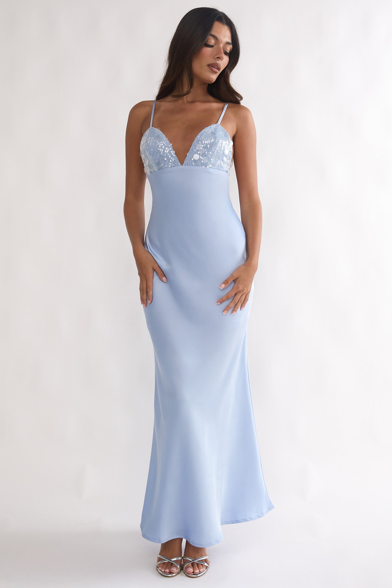 Brynn Sequin Bust Open Back Maxi Dress Blue