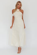 Cordially Invited Ruffle Neckline Rosette Maxi Vanilla